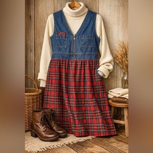 Vintage 80s/90s Denim & Plaid Jumper Dress | Americana Workwear Pinafore